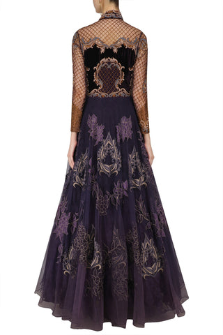 Voilet color Indo Western Gown with Antique Embroidery