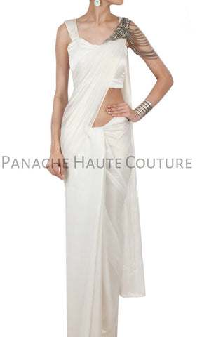 White Color Crepe Designer Saree Gown Online