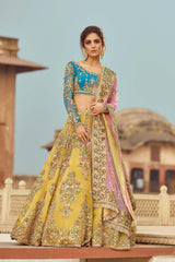 Pale Yellow and Firozi Wedding Lehenga