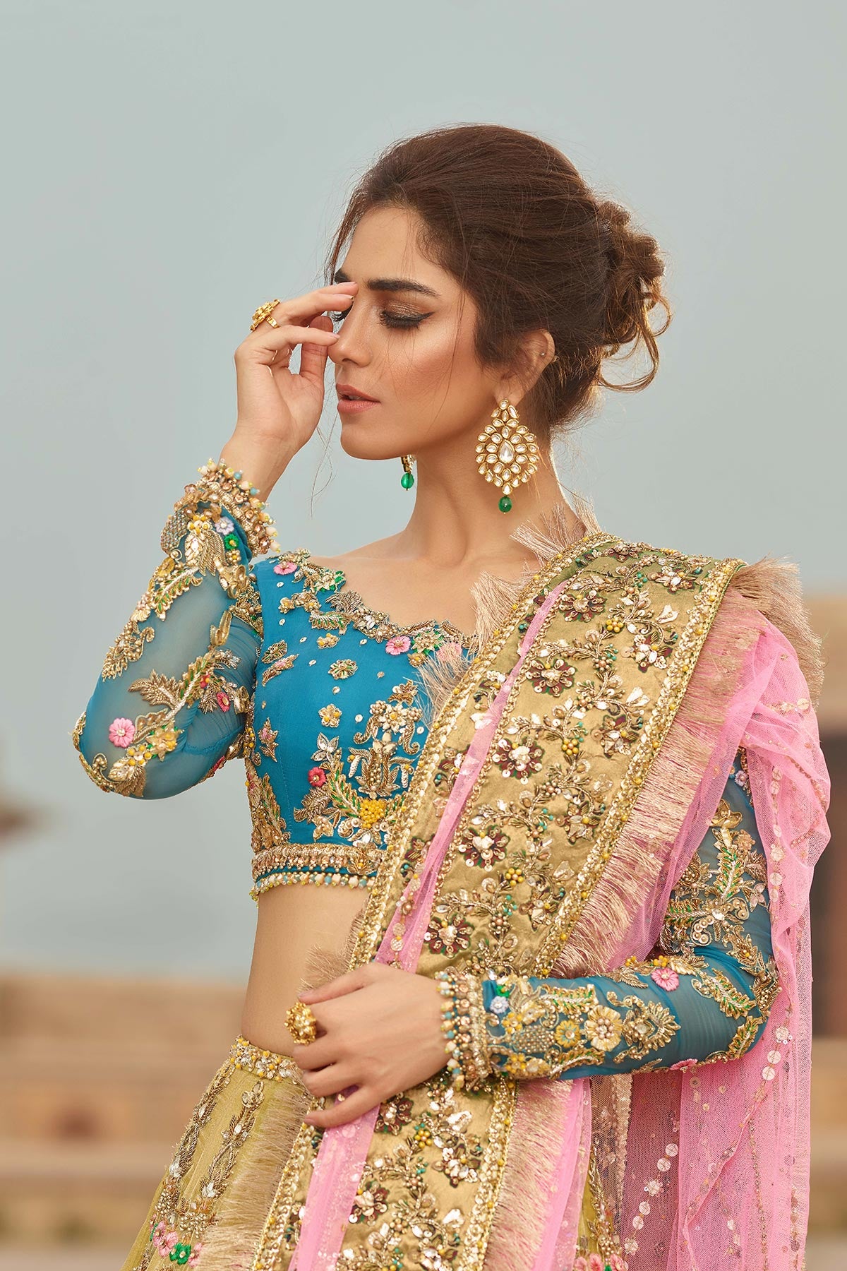 Pale Yellow and Firozi Wedding Lehenga