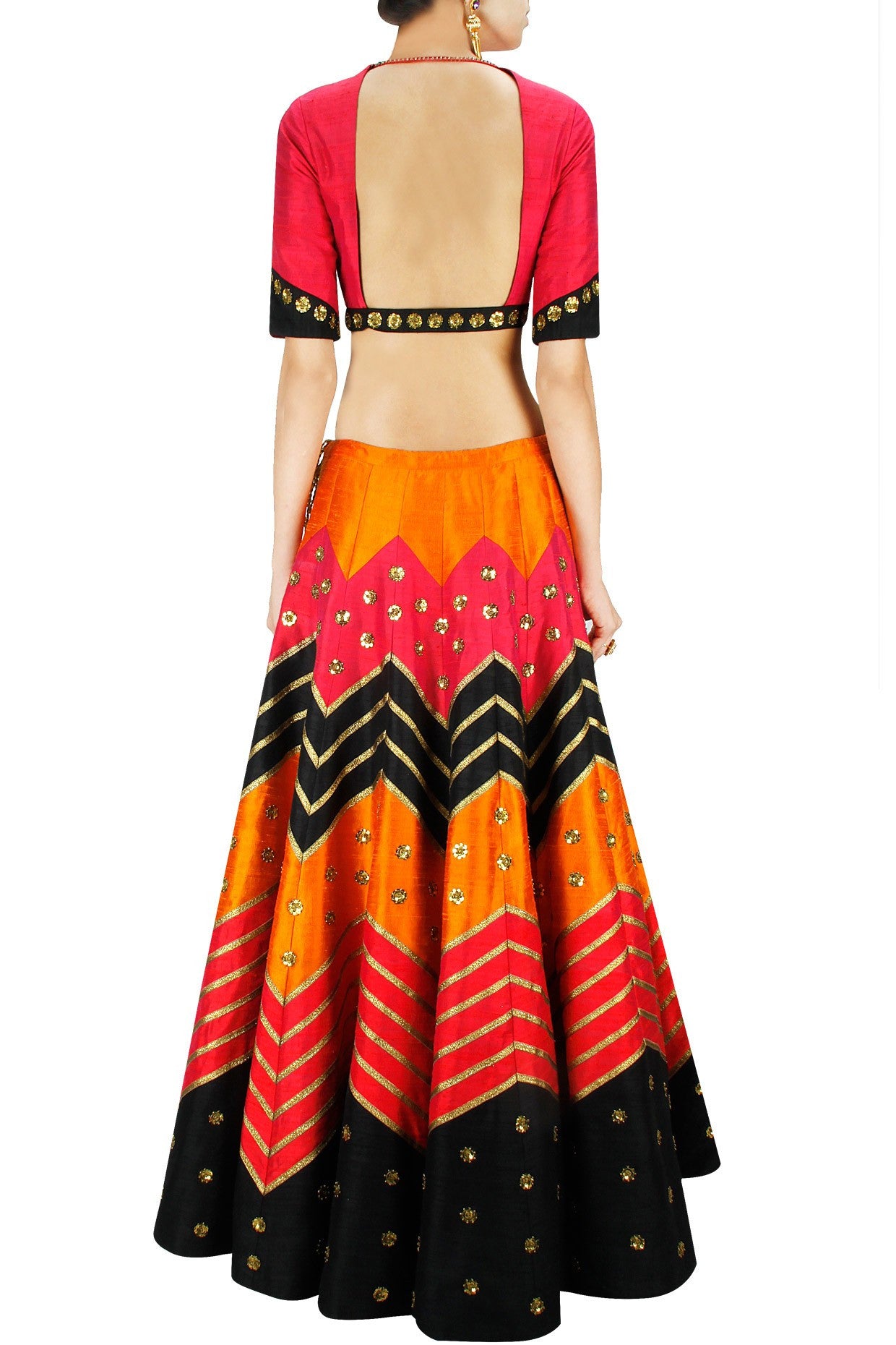 Dark Pink, Black and Orange Zig Zag Lehenga Set