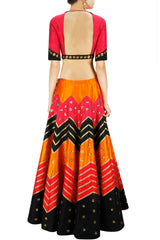 Dark Pink, Black and Orange Zig Zag Lehenga Set