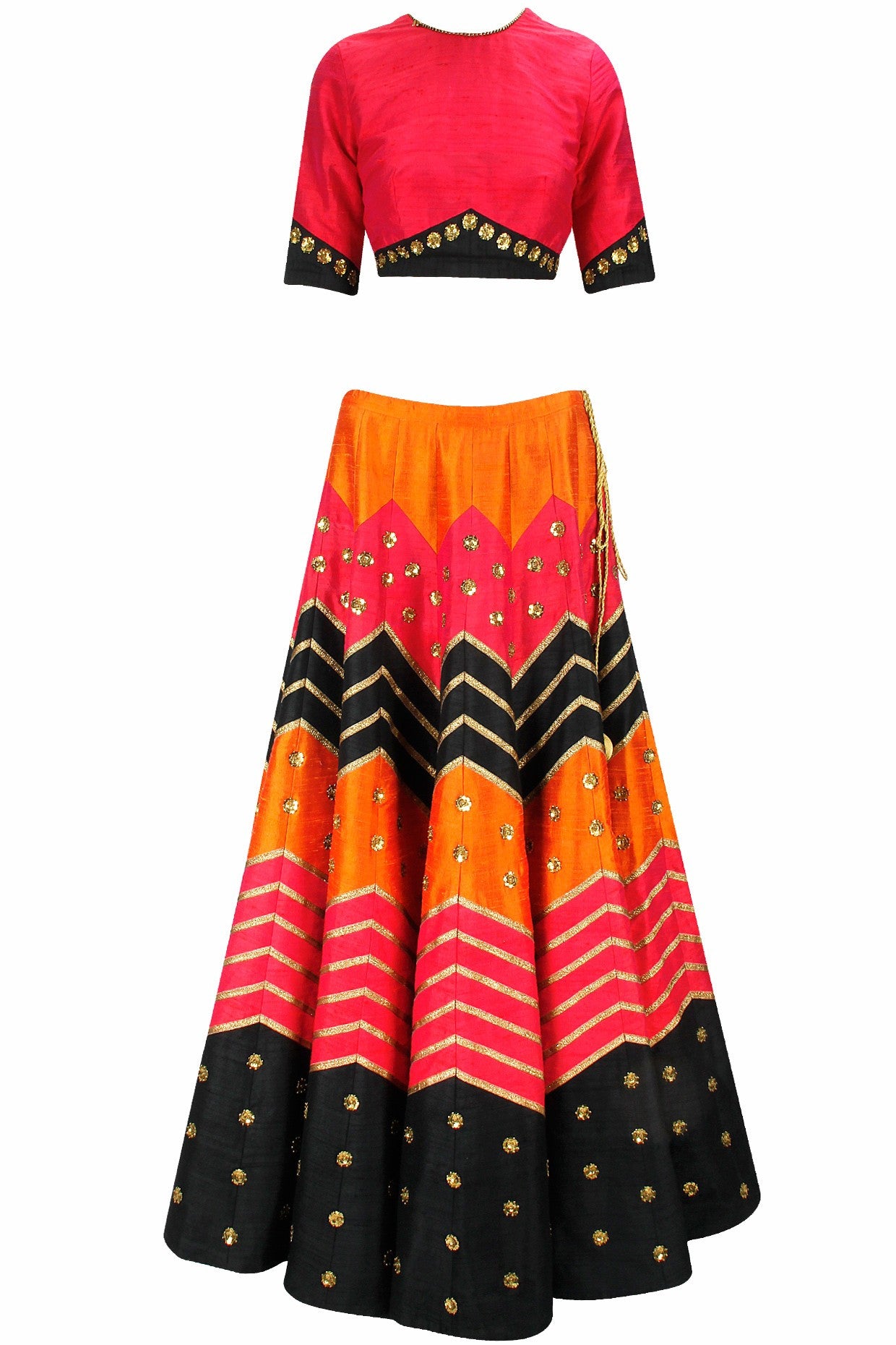 Dark Pink, Black and Orange Zig Zag Lehenga Set