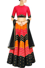 Dark Pink, Black and Orange Zig Zag Lehenga Set