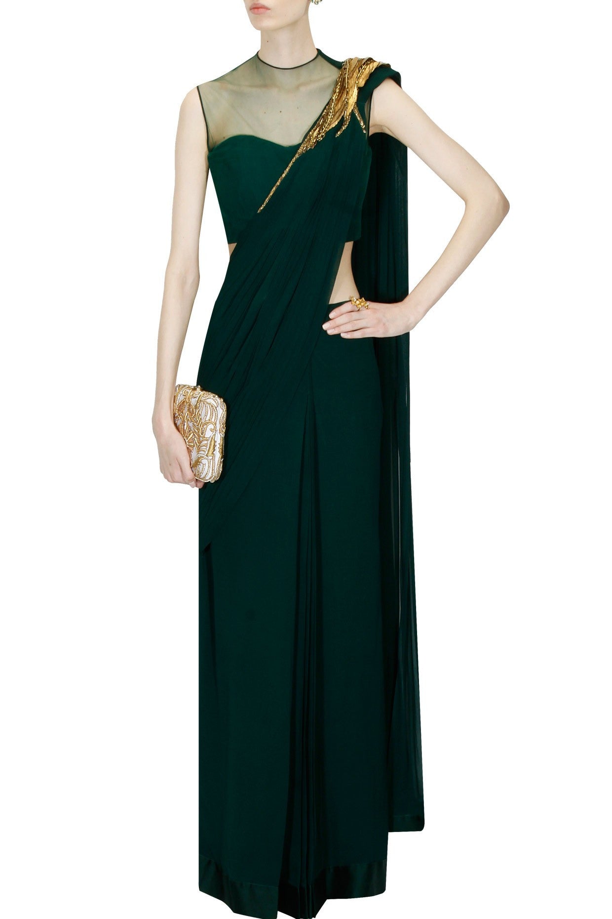 Bottle Green Saree Gown