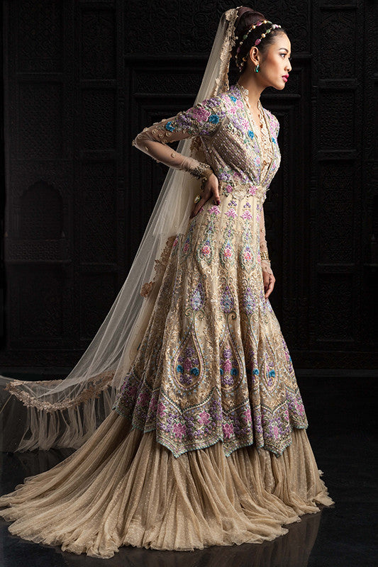 Beige Colour Wedding Jacket Lehenga