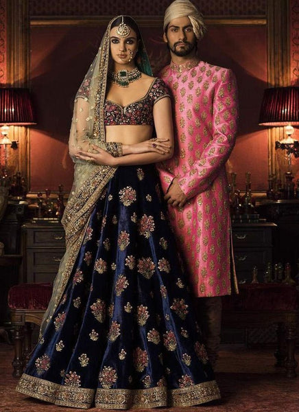 Navy Blue Wedding Lehenga with silk velvet embroidery and zardozi