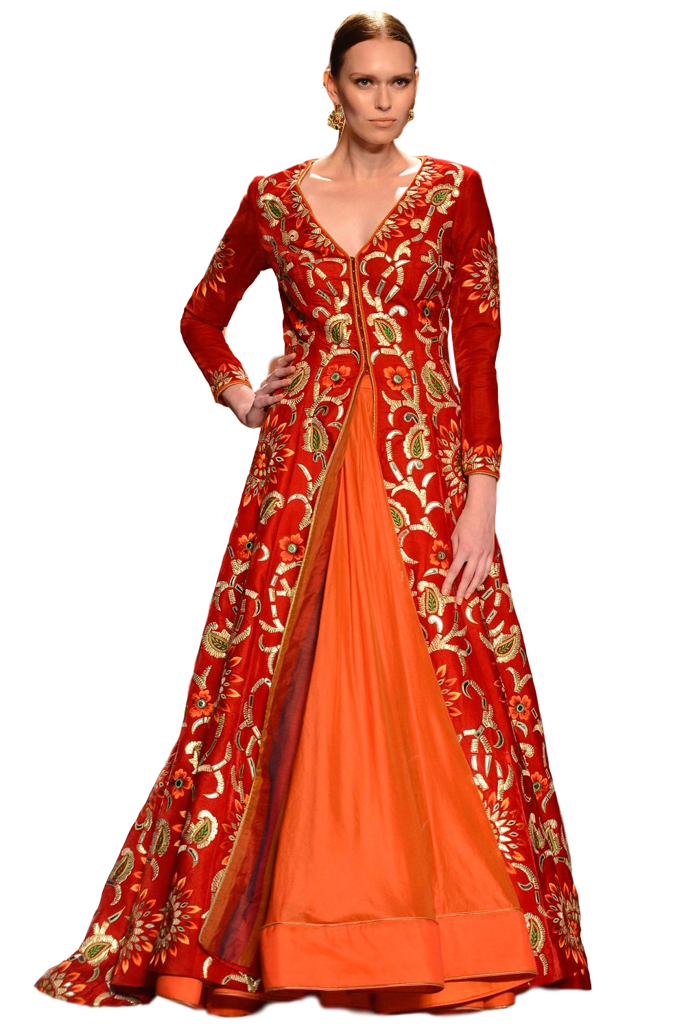 Red and orange color Jacket lehenga in velvet