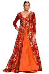 Red and orange color Jacket lehenga in velvet