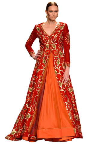 Red and orange color Jacket lehenga in velvet
