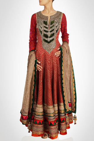 Floor length anarkali suit in red color