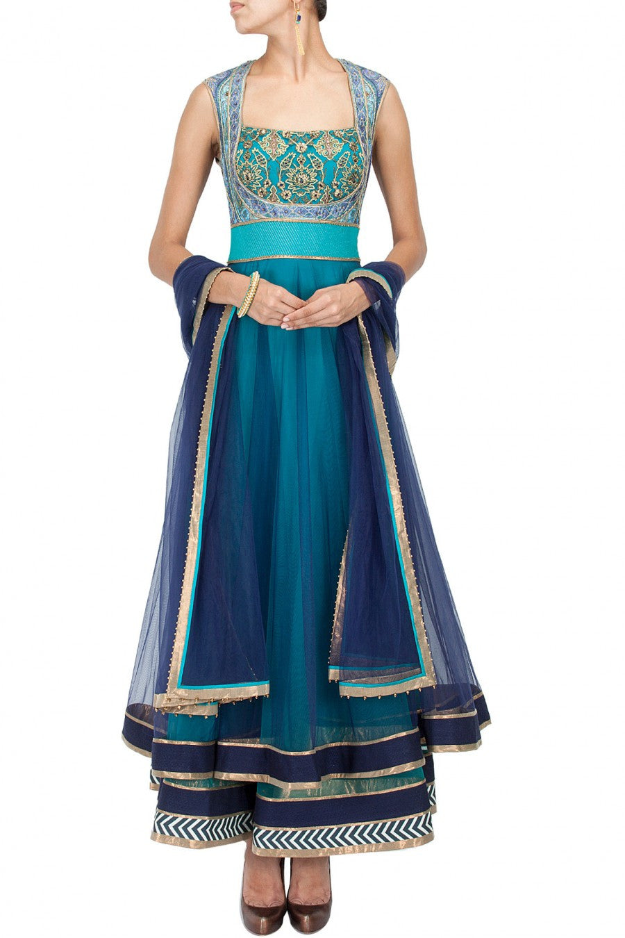 Turquoise and blue shaded anarkali suit