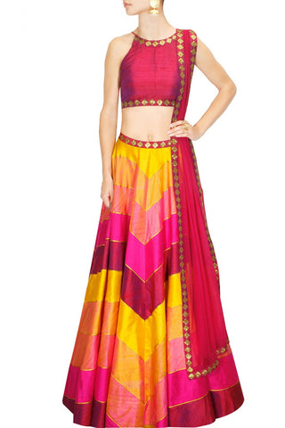 Yellow, pink Embroidered lehenga choli by Priyal Prakash