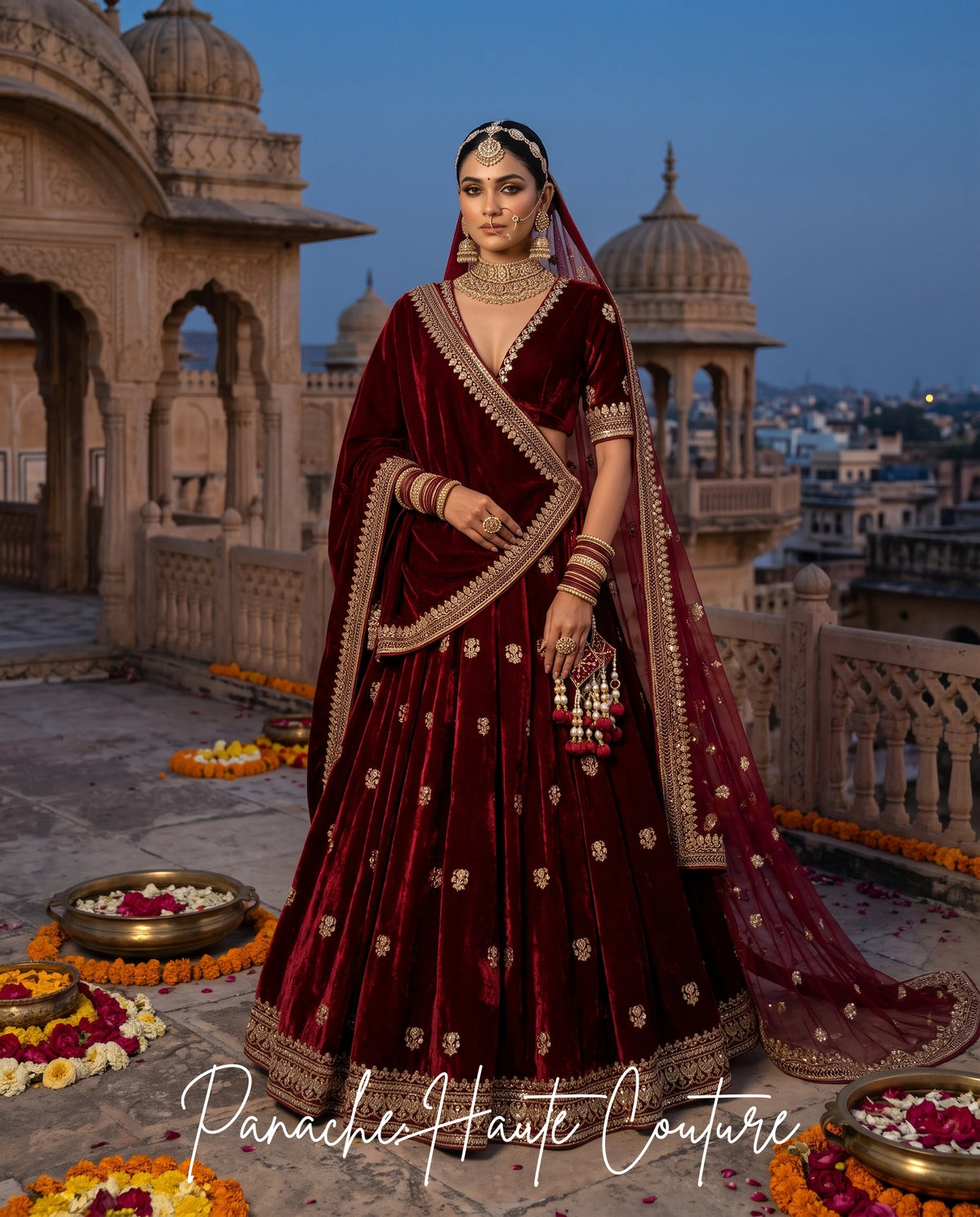 Maroon Silk Velvet Bridal Lehenga | Panache Couture