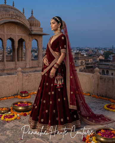 Maroon Silk Velvet Bridal Lehenga | Panache Couture