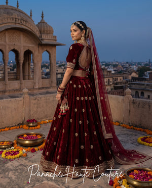 Maroon Silk Velvet Bridal Lehenga | Panache Couture