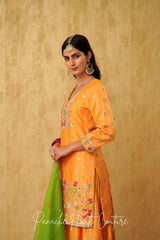 Apricot Chanderi Silk Sharara Set with Green Organza Dupatta RUPVATI