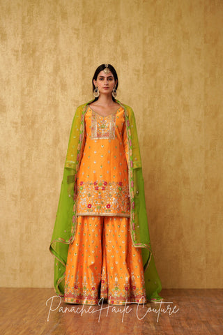 Apricot Chanderi Silk Sharara Set with Green Organza Dupatta RUPVATI