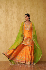 Apricot Chanderi Silk Sharara Set with Green Organza Dupatta RUPVATI