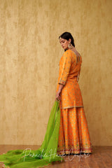 Apricot Chanderi Silk Sharara Set with Green Organza Dupatta RUPVATI