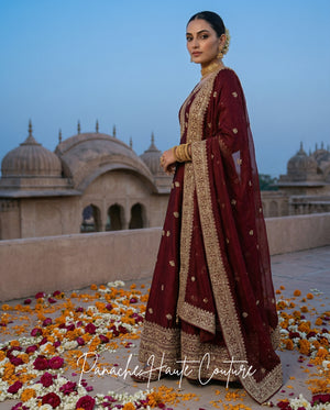 Avira Maroon Wedding Anarkali | Panache Haute Couture