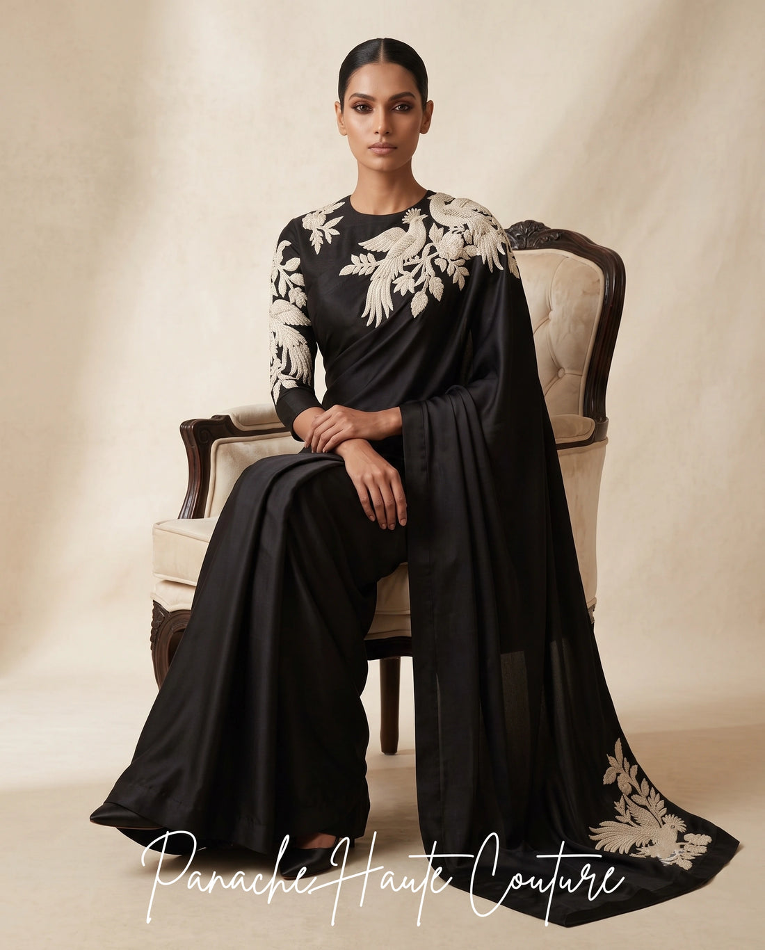 Noir Éclat – Handcrafted Satin Silk Saree styled view