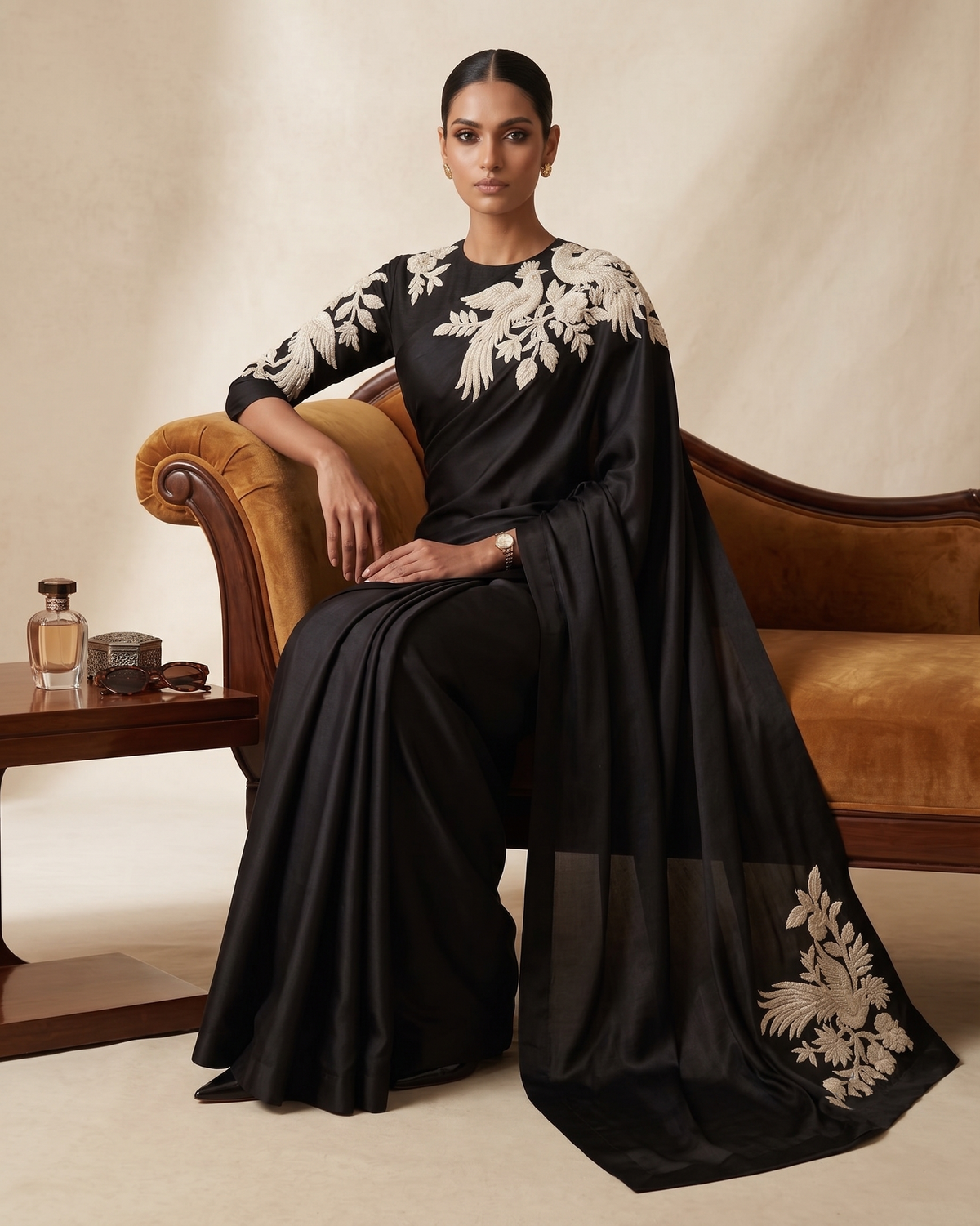 Noir Éclat – Handcrafted Satin Silk Saree styled with jewellery
