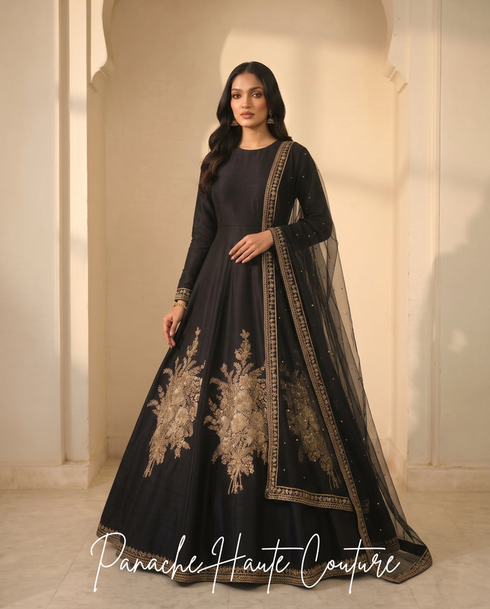 Black Raw Silk Gown with Gold Hand Embroidery