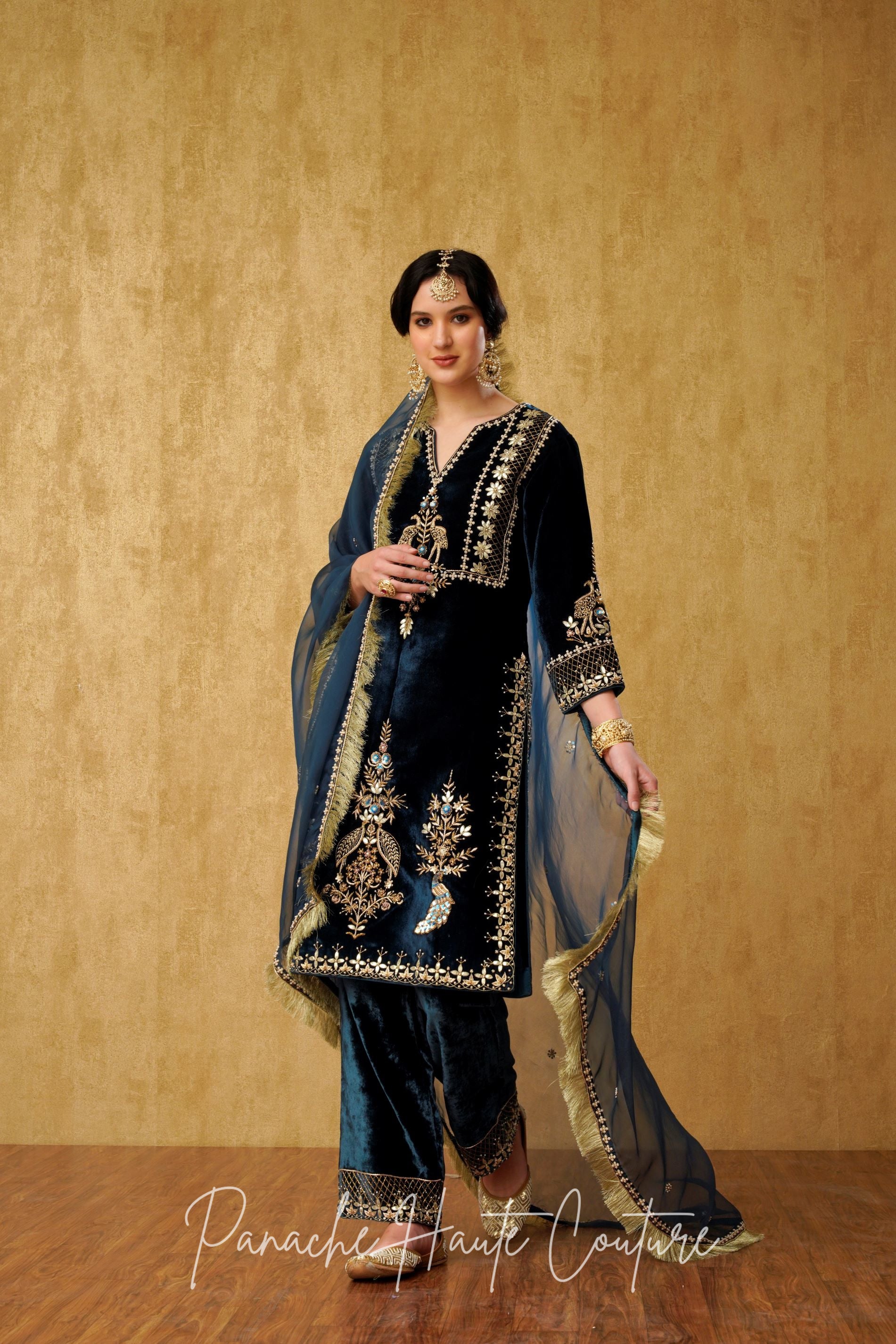 Elegant Navy Blue Punjabi Suit with Golden Beads Endorsed - Pretty Kau