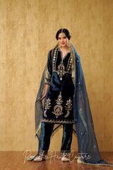 Blue Silk Velvet Punjabi Suit Luxurious Ethnic Wear for Women