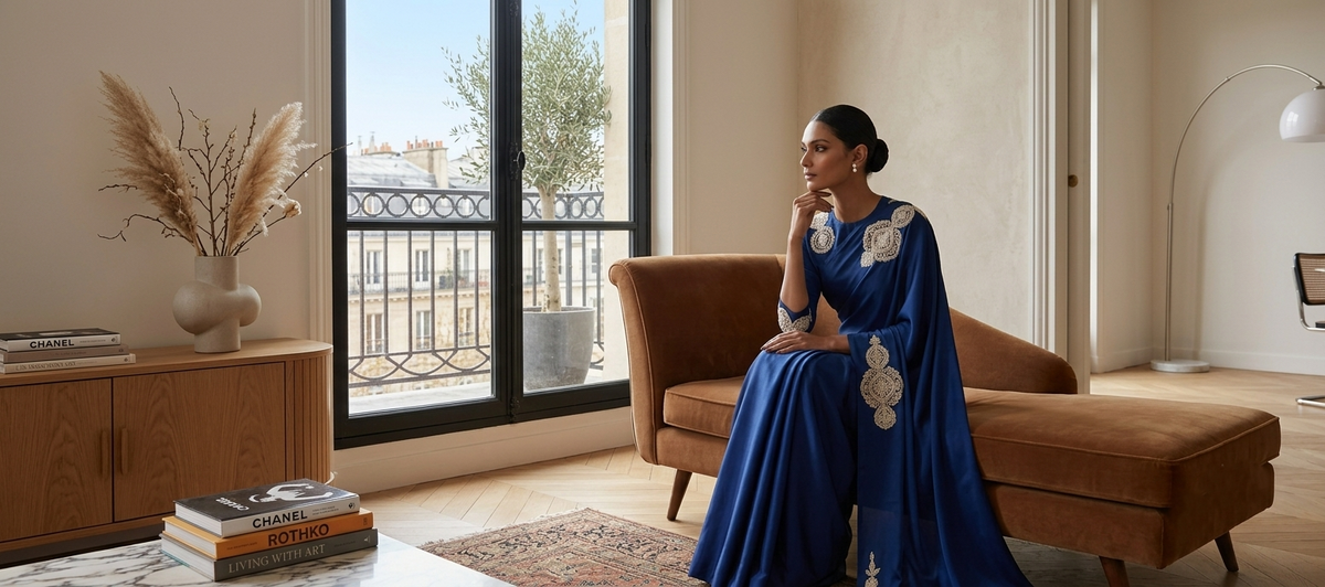 Sapphire Royale Satin Silk Saree styled with jewellery
