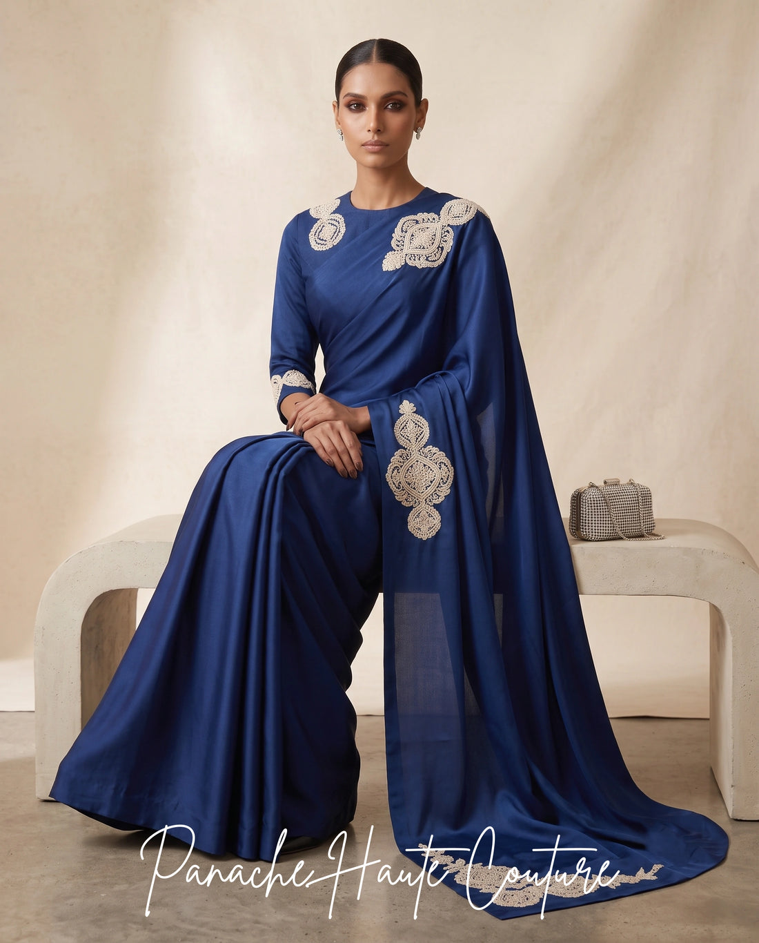 Sapphire Royale Satin Silk Saree | Panache Haute Couture