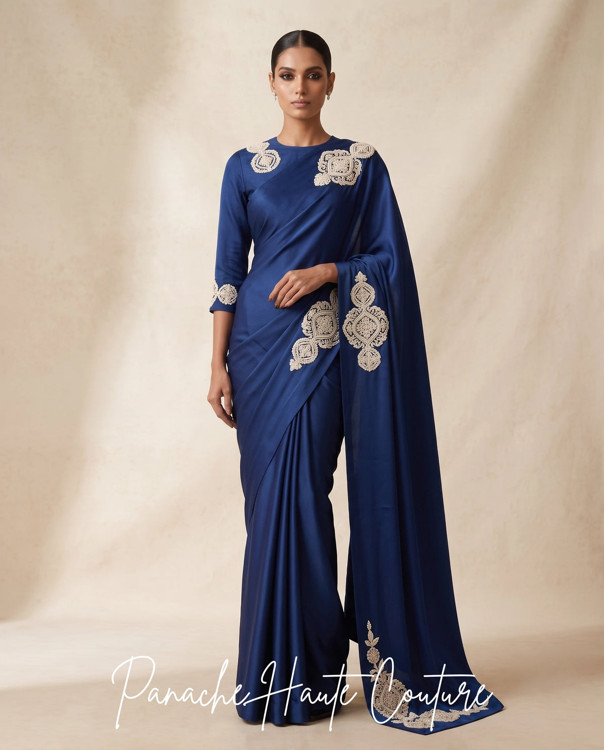 Sapphire Royale Satin Silk Saree | Panache Haute Couture