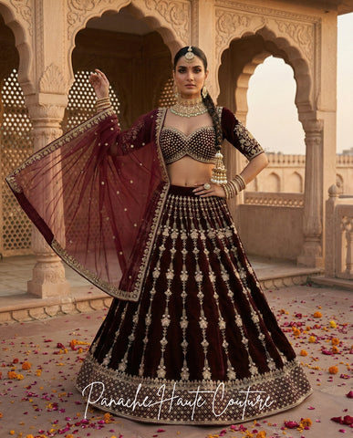 Burgundy Velvet Lehenga for Sangeet | Worldwide Shipping