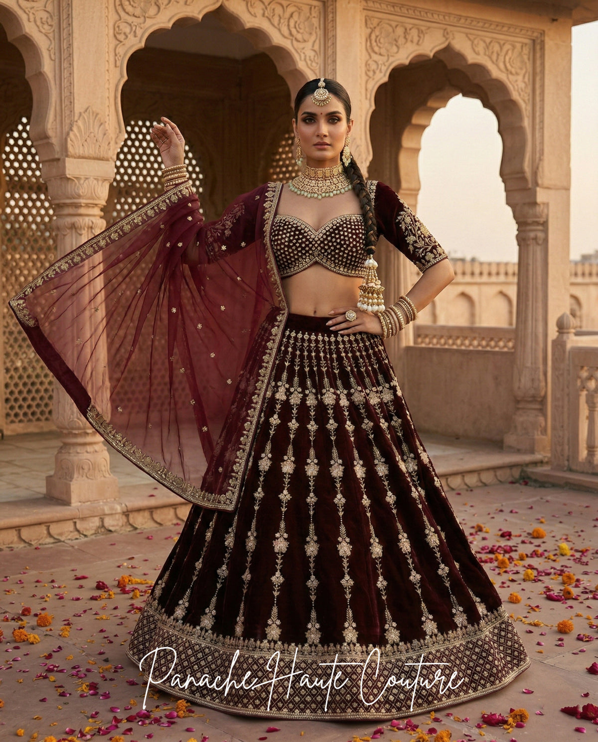 Burgundy Velvet Lehenga for Sangeet styled with jewellery