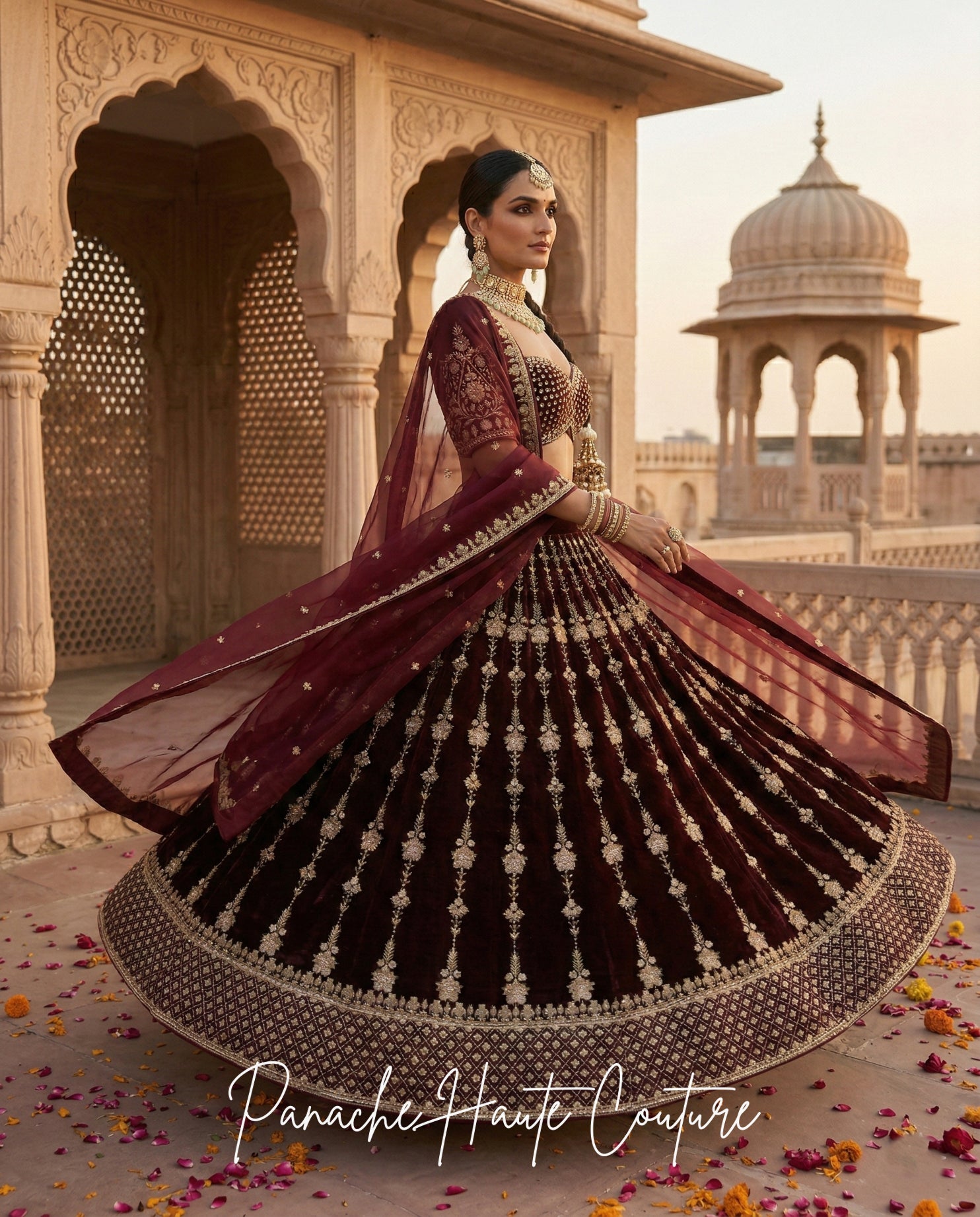 Burgundy Velvet Lehenga for Sangeet | Worldwide Shipping