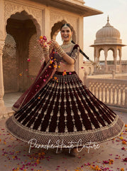 Burgundy Velvet Lehenga for Sangeet | Worldwide Shipping