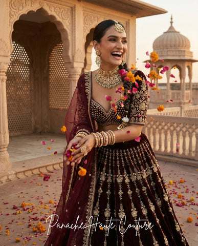Burgundy Velvet Lehenga for Sangeet | Worldwide Shipping