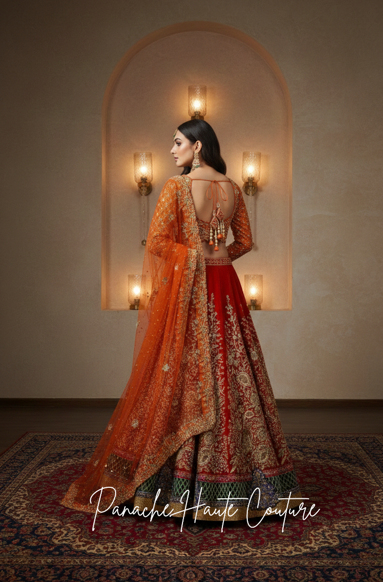Pearl Embroidered, Silk Zardozi Orange Wedding Lehenga