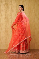 Coral Hand-Embroidered Sharara Set with Silk Organza Dupatta – Panache Haute Couture