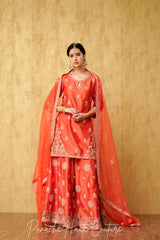 Coral Hand-Embroidered Sharara Set with Silk Organza Dupatta – Panache Haute Couture