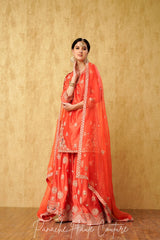 Coral Hand-Embroidered Sharara Set with Silk Organza Dupatta – Panache Haute Couture