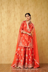 Coral Hand-Embroidered Sharara Set with Silk Organza Dupatta – Panache Haute Couture