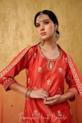 Coral Hand-Embroidered Sharara Set with Silk Organza Dupatta – Panache Haute Couture