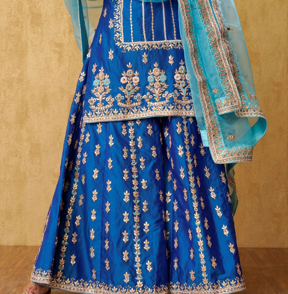 Daima Blue Chanderi Silk Sharara Set with Zardozi & Gota Embroidery hand-embroidery detail