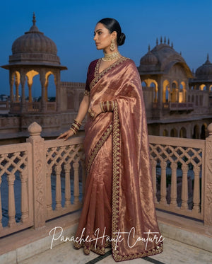 Damini – Burgundy Banarasi Silk Tissue Saree by Panache Haute Couture