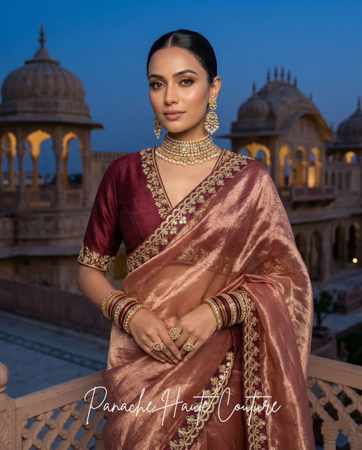 Damini – Burgundy Banarasi Silk Tissue Saree