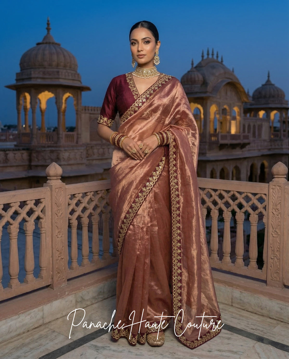 Damini – Burgundy Banarasi Silk Tissue Saree by Panache Haute Couture