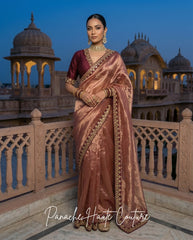 Damini – Burgundy Banarasi Silk Tissue Saree by Panache Haute Couture