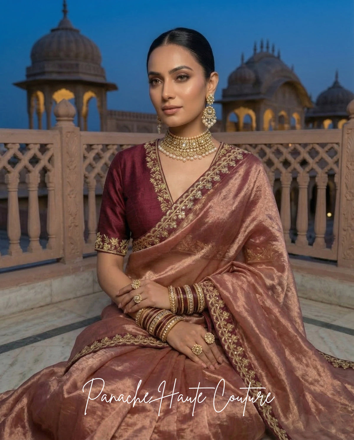 Damini – Burgundy Banarasi Silk Tissue Saree styled with jewellery